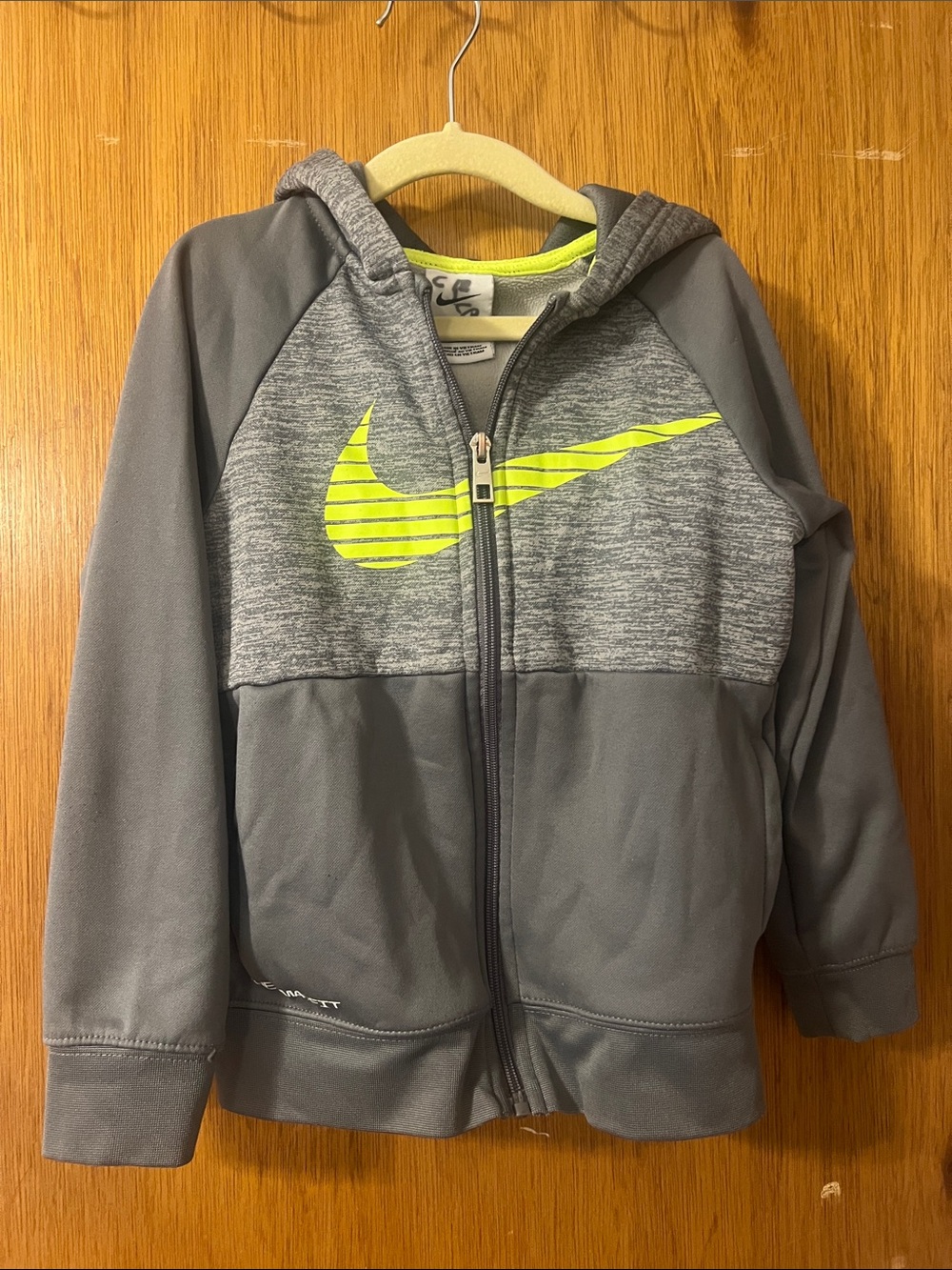 Nike Kids Grey Hoodie with Neon Yellow Swoosh